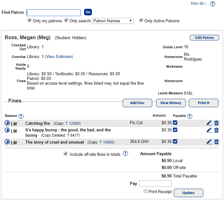 Fines page with unpaid fines.