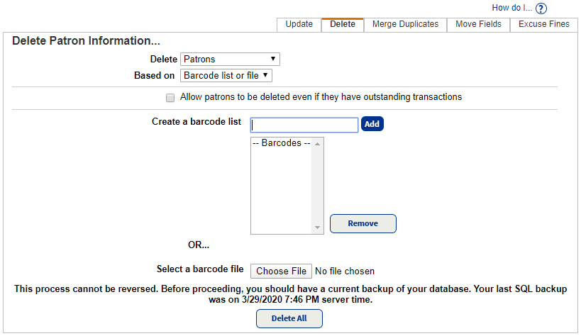 Update Patrons page Delete sub-tab based on Barcode