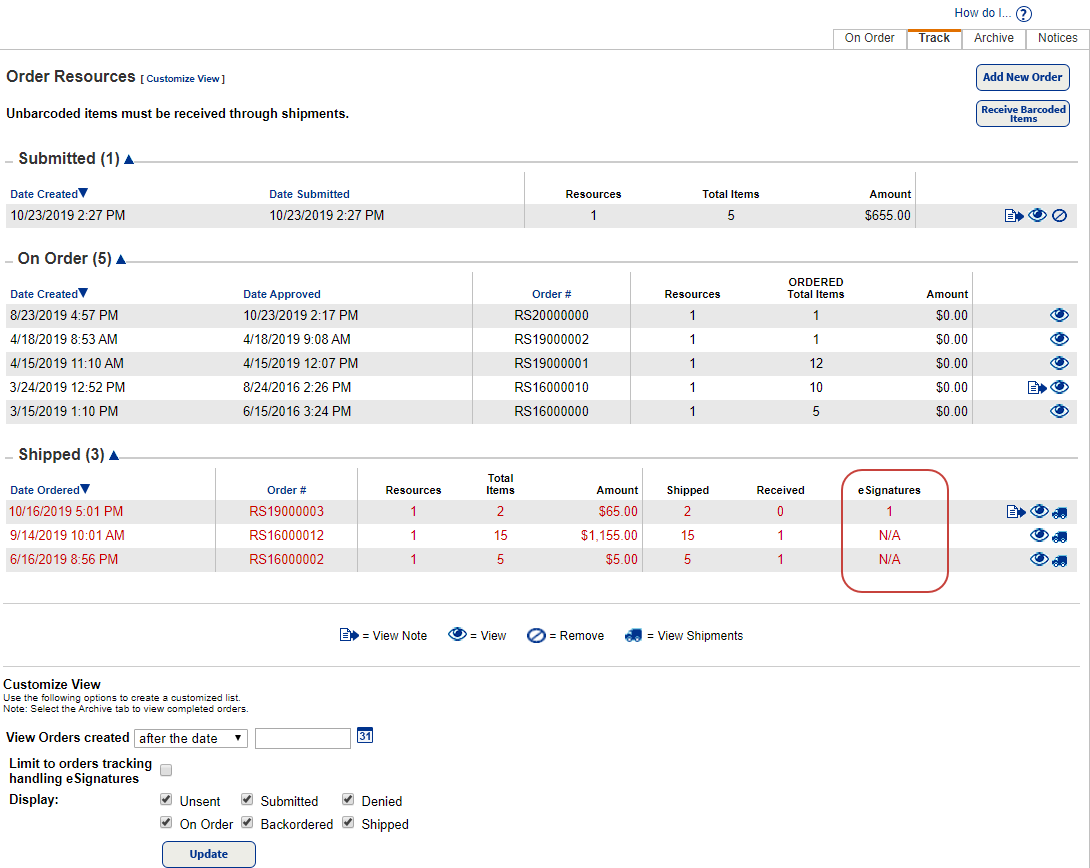 eSignatures on the Track Resource Transfers page