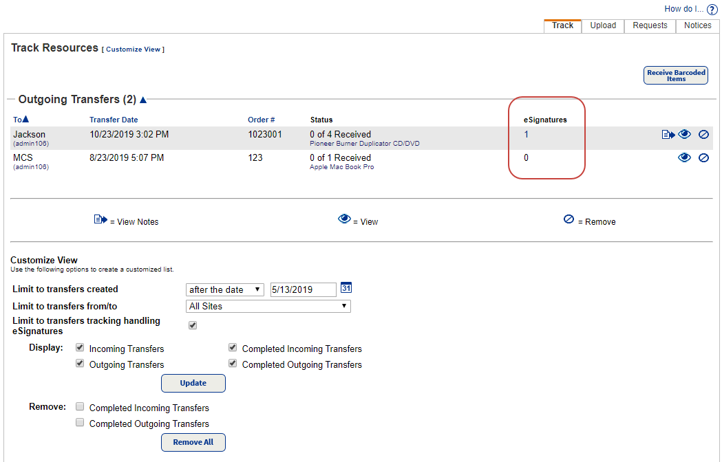 eSignatures on Track Transfers page