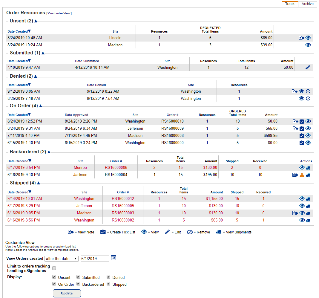 District User's view of the Resource Orders, track sub-tab.