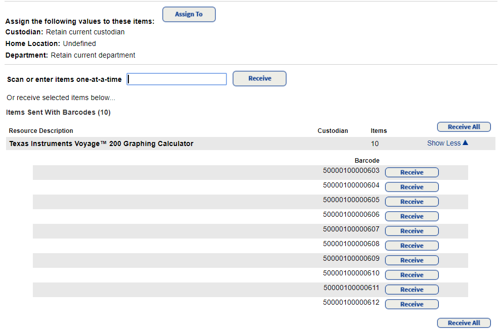 Catalog, Resource Orders, Track sub-tab, Recieve shipment for resources