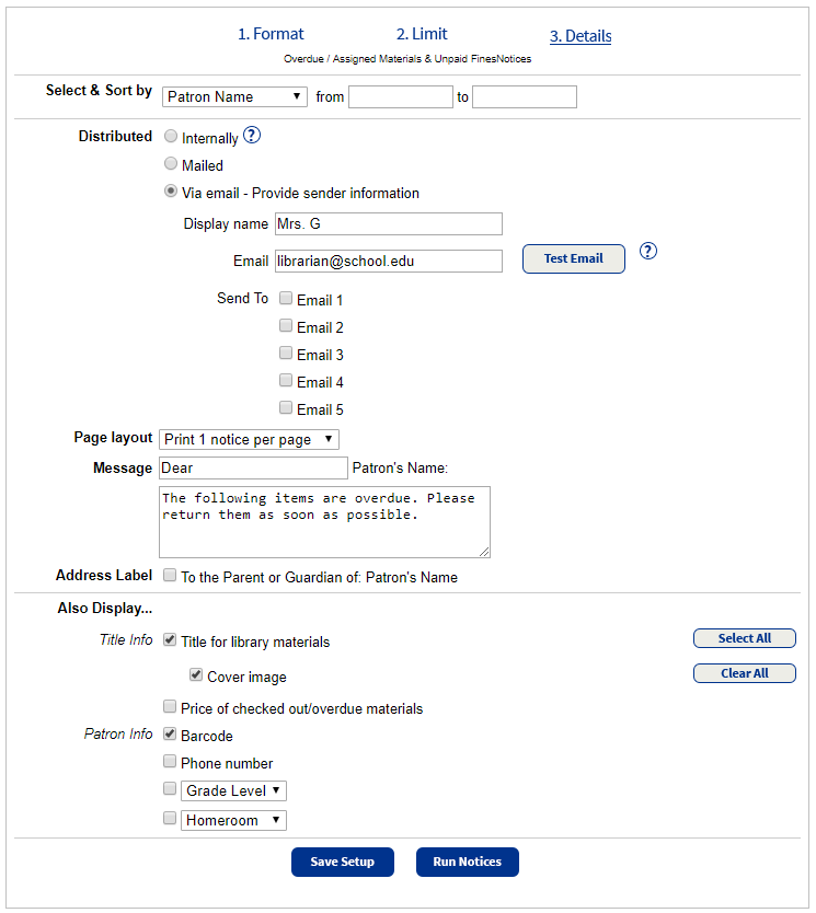 Step 3 of Current Checkout Fines Report showing email option with notices selected