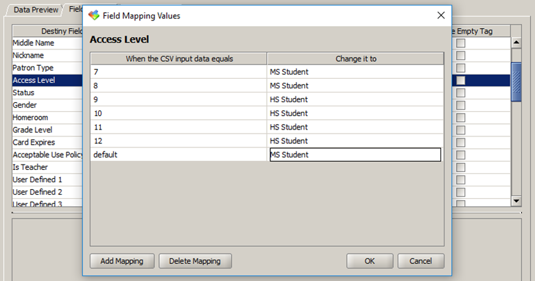 Field Mapping Values pop-up