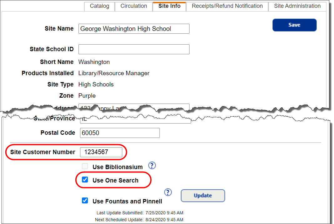 One Search Site Configuration settings.