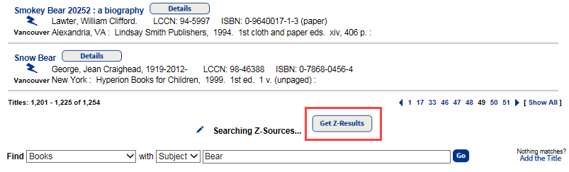 Search results page with Get Z-Results circled.